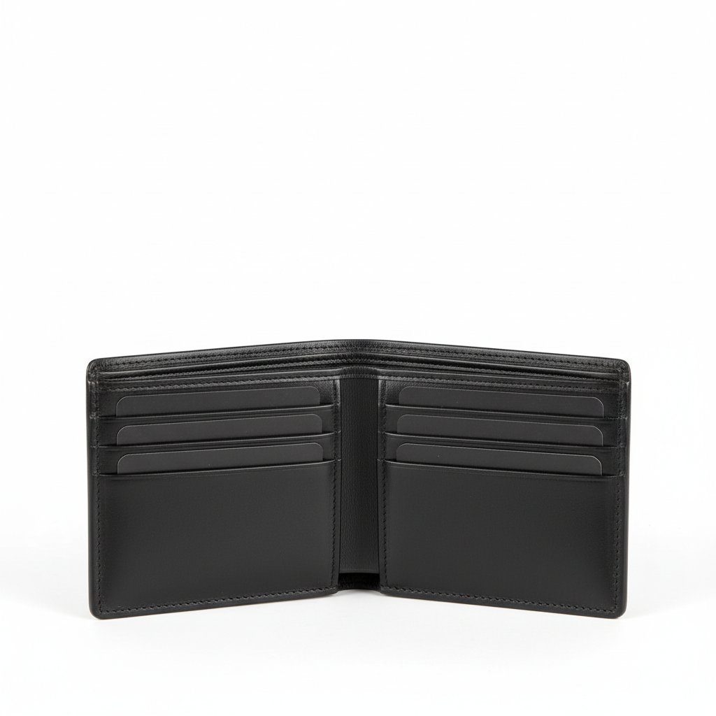 US Legend black leather bifold wallet open showing card slots